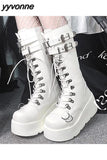 Niulatu Women Goth Platform Mid Calf Boots Wedges Heeled Cospaly Autumn Combat Boots Design Luxury Motorcycle Boots Shoes DJSE