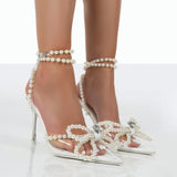 Niulatu Women Shoes Crystal Heel Sandals Sexy High Heels Sandals Summer Party Wedding Shoes Pearls Bowtie Pumps Big Size 42 DJSE