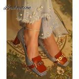 Niulatu Fashion Women's Shoes Thousand Bird Lattice Soft Leather Ladies Pumps Spring Square Toes Chunky Heels Female Shoes DJSE