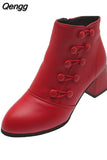 Niulatu Winter Women Boots Pu Leather Solid Color Mid Chunky Heel Ankle Boots Button Pumps Shoes Warm Ladies Short Booties DJSE