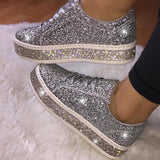 Niulatu Women Vulcanize Shoes Sneakers Sliver Bling Shoes Girl Flat Glitter Sneakers Casual Female Breathable Lace Up Sport Shoes DJSE