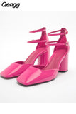 Niulatu Patent Leather Flats Shoes Sexy Squared toe Flat Sandals Office lady Block Heel Shoes Women Ankle Strap Slingbacks DJSE
