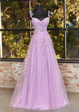 A-line V Neck Sleeveless Sweep Train Tulle Prom Dress with Appliqued Beading Evening Dresses HZ1214