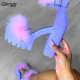 Niulatu college Women Sandals Fluffy High Heels Summer Fur Shoes 2025 Casual Ankle Buckle Fashion Shoes Non-Slip Outside Sandals Big Size 43 DJSE