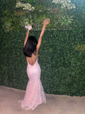 Niulatu Pink Backless Sleeveless Lace Mermaid Evening Dresses with Train HZ1007