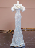 Niulatu Silver Mermaid Sequins Beading Prom Dress Formal Evening Dress HZ1007