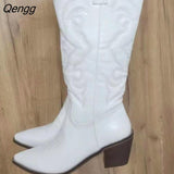Niulatu Cowgirl Boots for Women 2025 Fashion Slip-on Embroidered Pointed Toe Chunky Heel Mid Calf Western Boots Shinny Shoes DJSE