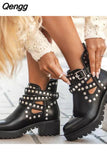 Niulatu Boots Ladies Leather Ankle Boots Spring Autumn Thick Sole Biker Shoes Ladies Punk Pearl Rivet Shoes Large Size DJSE