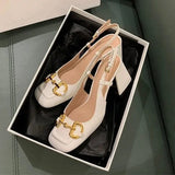 Niulatu New Fashion Single Shoes Women Decorative Button Retro Chunky Heels Sandals Women Square Head Shallow Mouth Shoes DJSE