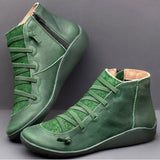 Niulatu Women's Casual Flat Leather Retro Lace-up Boots Side Zipper Round Toe Shoe Leather Ankle Boots Zapatos Mujer Wram Botas DJSE