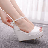 Niulatu Shoes For Women Retro Open Toe Ankle Platform Beach White Sandals Plus Size Weave High Heels Buckle-Strap Roman Shoe DJSE