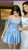 Sexy A line Straps Blue Satin Mini Short Formal 8th Grade Homecoming Dresses Summer Middle School Hoco Dress 20th Birthday Outfits HZ1214