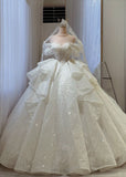 Unique Bridal Gown Ball Gown Off The Shoulder White Short Sleeves Sequin Wedding Dresses Vintage Bridal Gowns HZ1214