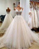 Princess Wedding Dress Ball Gown V Neck Appliques Lace Sleeveless White Tulle Wedding Dresses Dreamy Bridal Gowns HZ1214