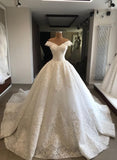 Unique Bridal Gown Ball Gown Off The Shoulder White Short Sleeves Lace Wedding Dresses Pretty Bridal Gowns HZ1214
