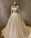 Unique Bridal Dress Ball Gown Square Neck White Pearls Long Sleeves Wedding Dresses Pretty Bridal Gowns HZ1214