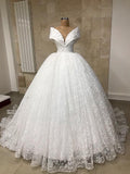 Classic Wedding Dress Ball Gown Off The Shoulder White Lace Wedding Dresses Dreamy Bridal Gowns HZ1214