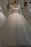 Unique Bridal Dress Ball Gown Square Neck White Sequin Long Sleeves Wedding Dresses Pretty Bridal Gowns HZ1214