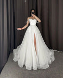 Unique Bridal Dress A Line Off The Shoulder White Tulle Long Wedding Dresses Pretty Bridal Gowns HZ1214