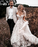 Unique Bridal Dress A Line Off The Shoulder White Tulle Lace Long Wedding Dresses Pretty Bridal Gowns HZ1214