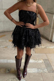 Sexy A Line Strapless Black Sequin Mini Short Formal 8th Grade Homecoming Dresses Summer Middle School Hoco Dress 18th Birthday Outfits HZ1214