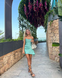 Cute A Line Strapless Mint Green Satin Mini Short Formal 7th Grade Homecoming Dresses Middle School Short Prom Dress Hoco Outfits HZ1214