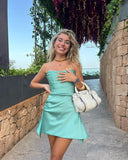 Cute A Line Strapless Mint Green Satin Mini Short Formal 7th Grade Homecoming Dresses Middle School Short Prom Dress Hoco Outfits HZ1214