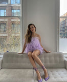 Cute A Line Strapless Lilac Feathers Mini Short Formal 7th Grade Homecoming Dresses Middle School Short Prom Dress Hoco Outfits HZ1214