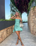 Cute A Line Strapless Mint Green Satin Mini Short Formal 7th Grade Homecoming Dresses Middle School Short Prom Dress Hoco Outfits HZ1214