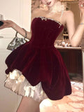 Cute Ball Gown Strapless Burgundy Velvet Mini Short Formal 7th Grade Homecoming Dresses Middle School Short Prom Dress Cocktail Outfits HZ1214
