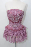 Unique Sheath Strapless Pink Lace Sleeveless Mini Formal 7th Grade Homecoming Dresses Middle School Short Prom Dress Hoco Outfits HZ1214