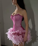 Trendy Sheath Sweetheart Pink Beads Feathers Sequin Mini Short Formal 8th Grade Homecoming Dresses Middle School Short Prom Dress Hoco Outfits HZ1214