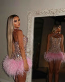 Trendy Sheath Halter Pink Beads Feathers Sequin Mini Short Formal 8th Grade Homecoming Dresses Middle School Short Prom Dress Hoco Outfits HZ1214