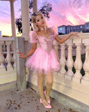 Unique A Line Sweetheart Pink Tulle Short Sleeves Mini Formal 7th Grade Homecoming Dresses Middle School Short Prom Dress Hoco Outfits HZ1214