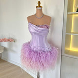 Trendy Sheath Strapless Lilac Beads Feathers Mini Short Formal 8th Grade Homecoming Dresses Middle School Short Prom Dress Hoco Outfits HZ1214