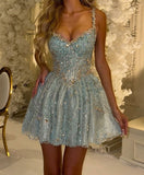 Unique A Line Spaghetti Straps Sequin Light Sky Blue Short Mini Formal 7th Grade Homecoming Dresses Middle School Short Cocktail Night Dress Hoco Outfits HZ1214
