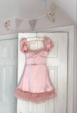 Cute A Line Square Neck Satin Blush Pink Short Mini Formal 7th Grade Homecoming Dresses Middle School Short Cocktail Night Dress Hoco Outfits HZ1214