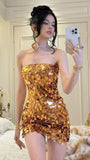 Trendy Sheath Strapless Sequin Gold Mini Short Formal 8th Grade Homecoming Dresses Middle School Cocktail Dress Cocktail Outfits HZ1214