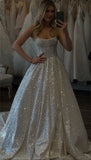 Unique Bridal Dress A line Spaghetti Straps White Sequin Long Wedding Dresses Simple Bride Dress Bridal Gowns HZ1214