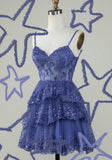 Unique A line Spaghetti Straps Blue Lace Short Mini Formal 7th Grade Homecoming Dresses Middle School Short Cocktail Night Dress Hoco Outfits HZ1214