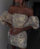 Sexy Sheath Off The Shoulder Sequin Short Mini Formal 7th Grade Homecoming Dresses Middle School Short Cocktail Night Dress Hoco Outfits HZ1214