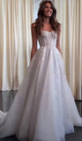 Unique Bridal Dress A Line Spaghetti Straps White Sequin Long Wedding Dresses Luxury Bride Dress Bridal Gowns HZ1214