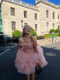 Cute Ball Gown Strapless Pink Tulle Short Mini Formal 7th Grade Homecoming Dresses Middle School Short Cocktail Night Dress Hoco Outfits HZ1214