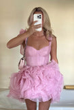 Cute Ball Gown Straps Pink Tulle Short Mini Formal 8th Grade Homecoming Dresses Middle School Short Cocktail Night Dress Hoco Outfits HZ1214