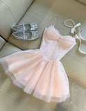 Unique A Line Spaghetti Straps Pink Tulle Short Mini Formal 8th Grade Homecoming Dresses Middle School Cocktail Night Dress Hoco Outfits HZ1214