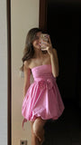 Cute Ball Gown Strapless Pink Satin Short Mini Formal 8th Grade Homecoming Dresses Middle School Cocktail Dress Hoco Outfits HZ1214