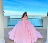 Niulatu Ball Gown Off The Shoulder Pink Tulle Long Quinceanera Dress Formal Gowns Vestido De 15 Anos Sweet 16 Dress HZ1214