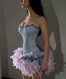 Niulatu Sheath Sweetheart Blue Beads Feathers Sequin Mini Short Formal 8th Grade Homecoming Dresses Middle School Short Prom Dress Hoco Outfits HZ1214