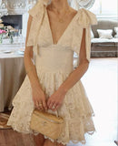 Niulatu A line V Neck Short Ivory Lace Formal 8th Grade Homecoming Dresses Middle School Short Cocktail Gowns Graduation Dress Hoco Outfits HZ1214