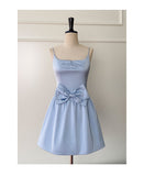 Niulatu A line Spaghetti Straps Satin Blue Short Grad Dress Inspo Short Mini Formal 8th Grade Homecoming Dresses High School Hoco Court Dress Graduation Dress 18th Birthday Outfits HZ1214